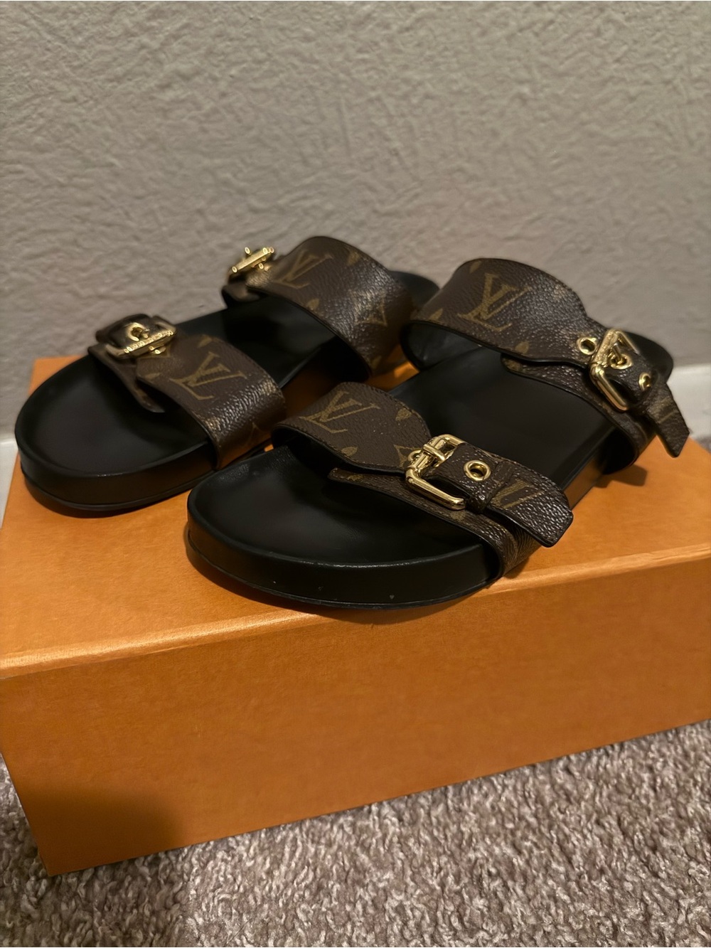 Louis Vuitton Brown Monogram Double Buckle Slides with Gold Hardware